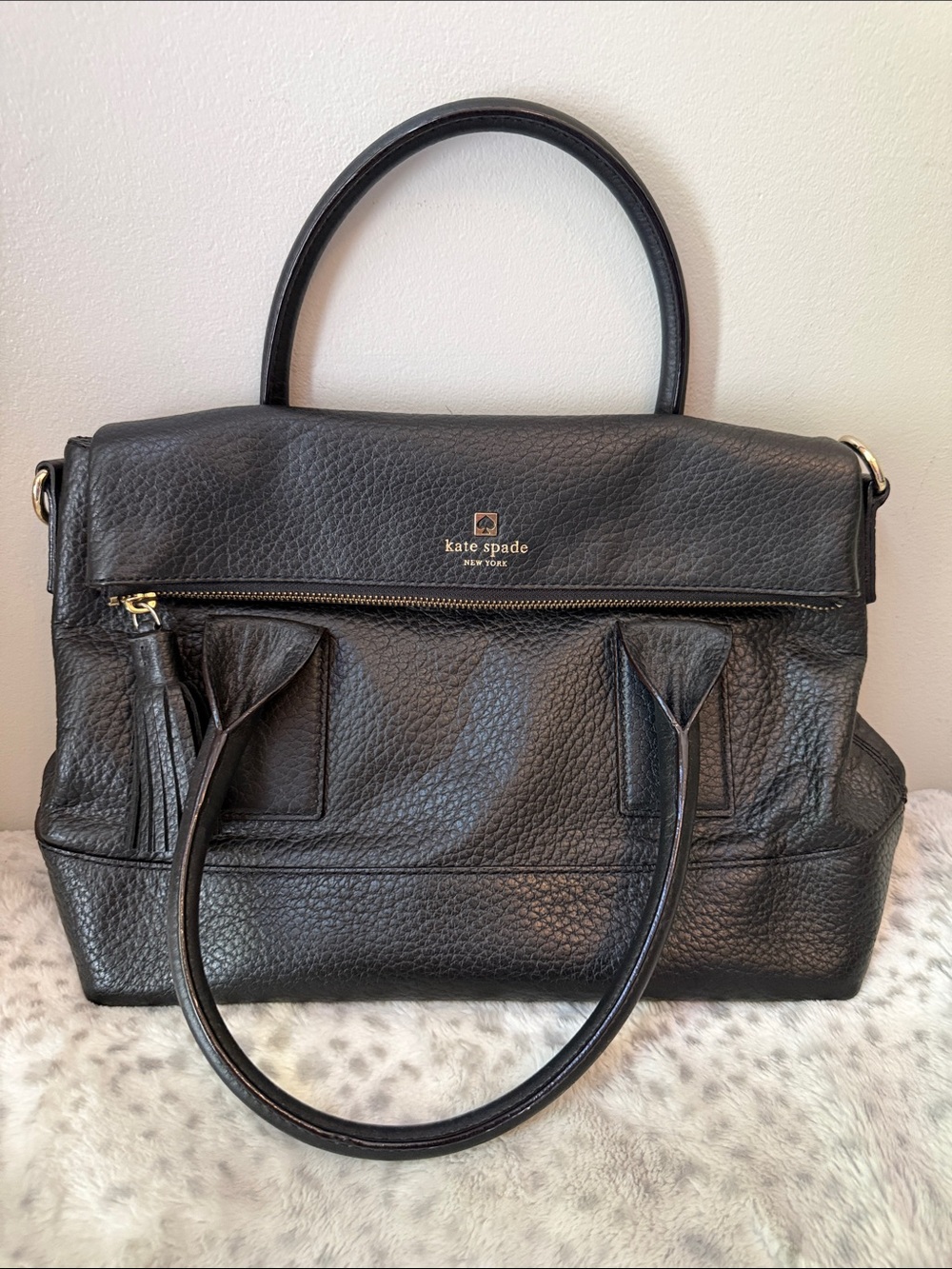 kate spade Black Pebbled Leather Top-Handle Satchel with Gold Hardware